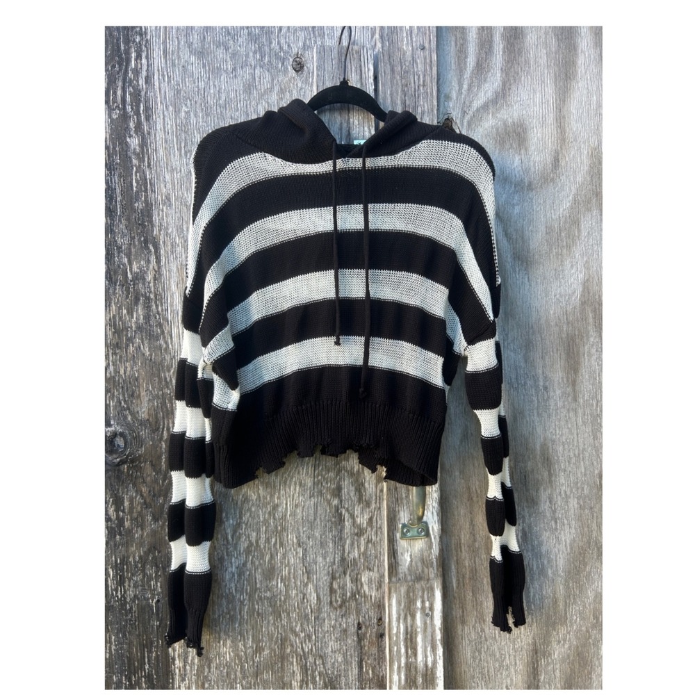 Skylar + Madison Striped Knit Hoodie Black White Distressed Cropped Sweater S